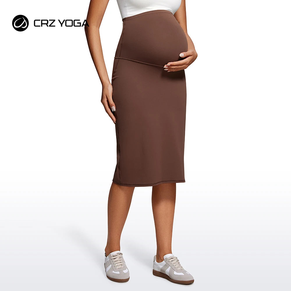 CRZ YOGA Women's Butterluxe Maternity Skirts Over the Belly Midi Stretchy Casual Pregnancy Skort with Slit Golf Work