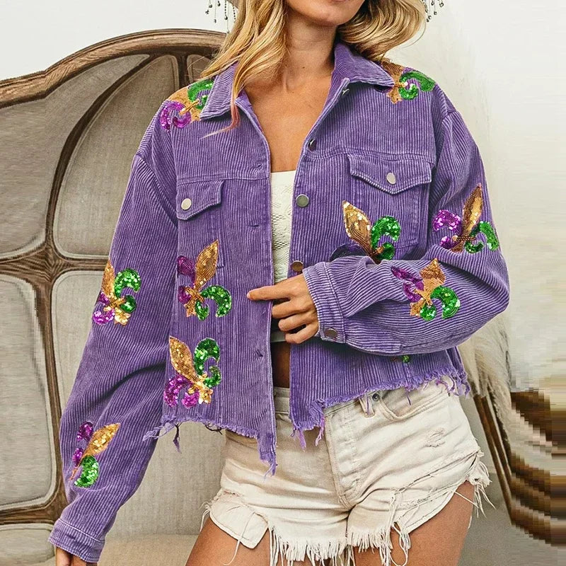 Floral Corduroy Coat Women Mardi Gras Spring Autumn Ropa Cardigan Sequin Punk Gothic Bomber Jacket Windbreaker Y2k Jackets