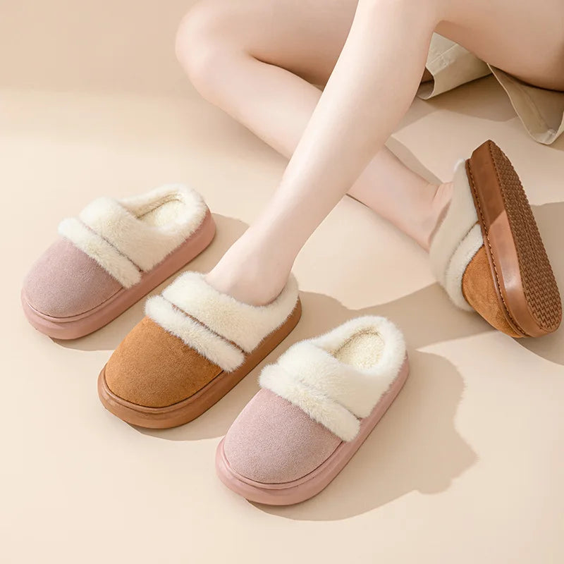 Comwarm Winter Plush Slippers For Women Indoor Antiskid Warm Cotton Slippers Fur Fluffy Flat Home Slides Lady Casual Furry Shoes